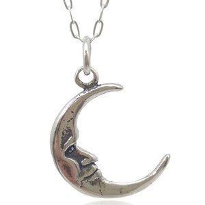 Crescent Moon Charm Necklace 18in Silver Double Sided